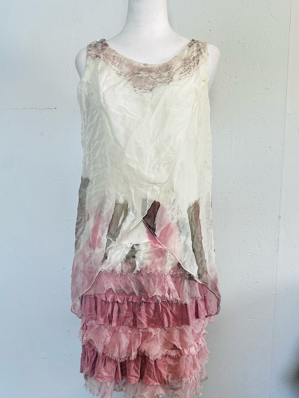 Sleeveless Ivory and Dusty Pink Ruffle Midi Dress